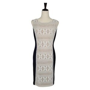Anne Klein Navy With Ivory Lace Overlay Lined Sleeveless Sheath Dress Size 8